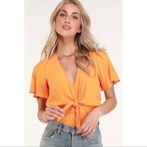 ASTR The Label Cory Bright Orange Short Sleeve Tie Front Bodysuit